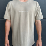Sand colour relaxed fit t-shirt with white Missing At Sea logo on chest and large circle logo on the back