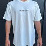 White relaxed fit t-shirt with black Missing At Sea logo on chest and large circle logo on the back