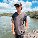 Charcoal relaxed fit t-shirt with contrasting Missing At Sea logo on chest and large circle logo on the back