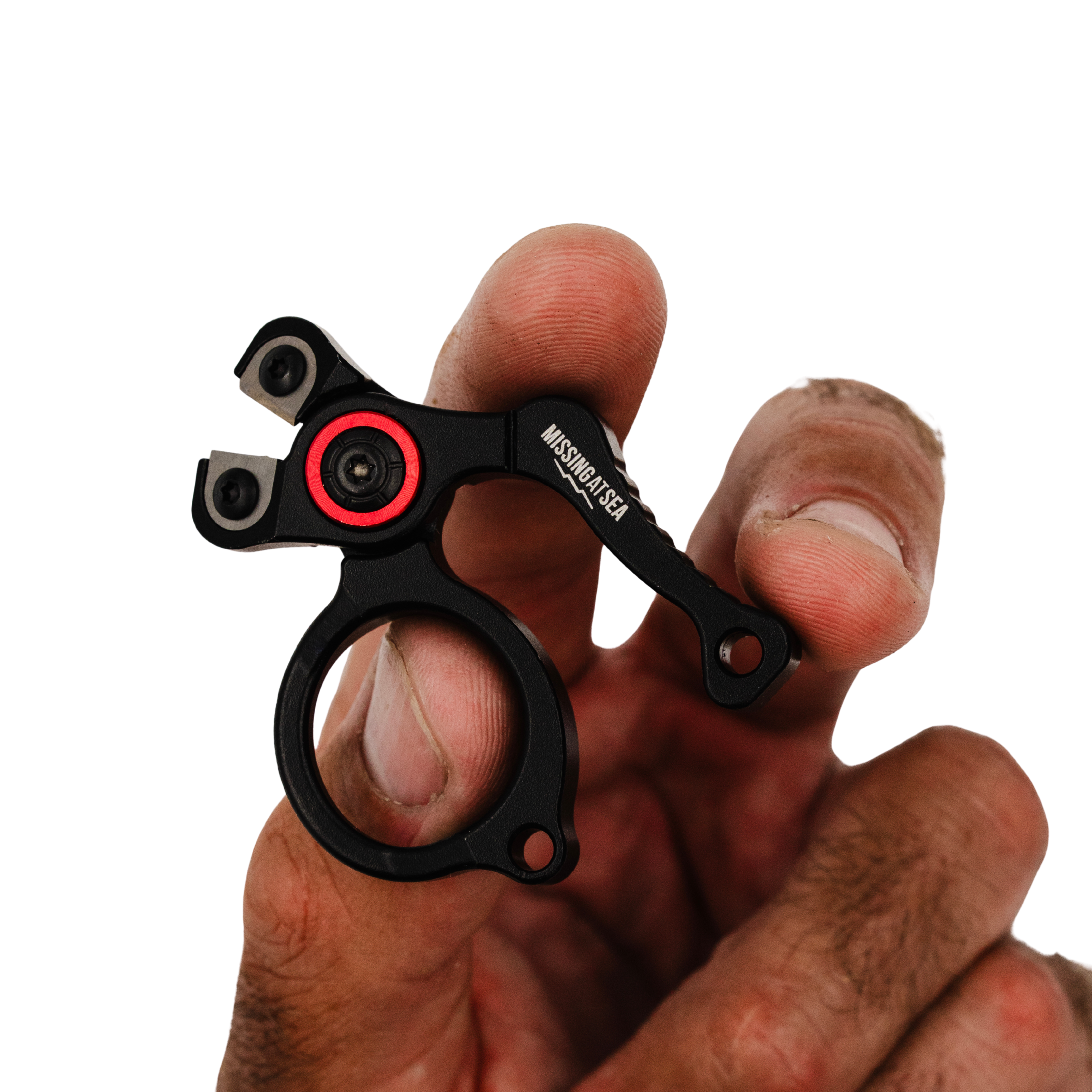 male hand holding missing at sea line cutters to show scale