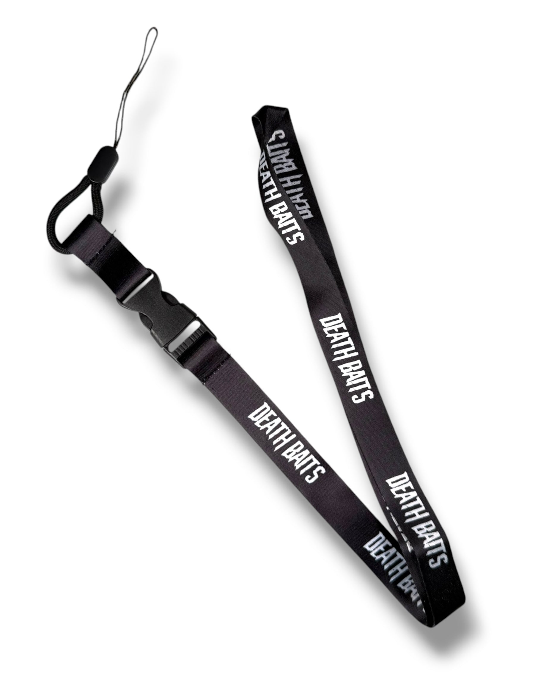 Black lanyard with white 'Death Baits' branding