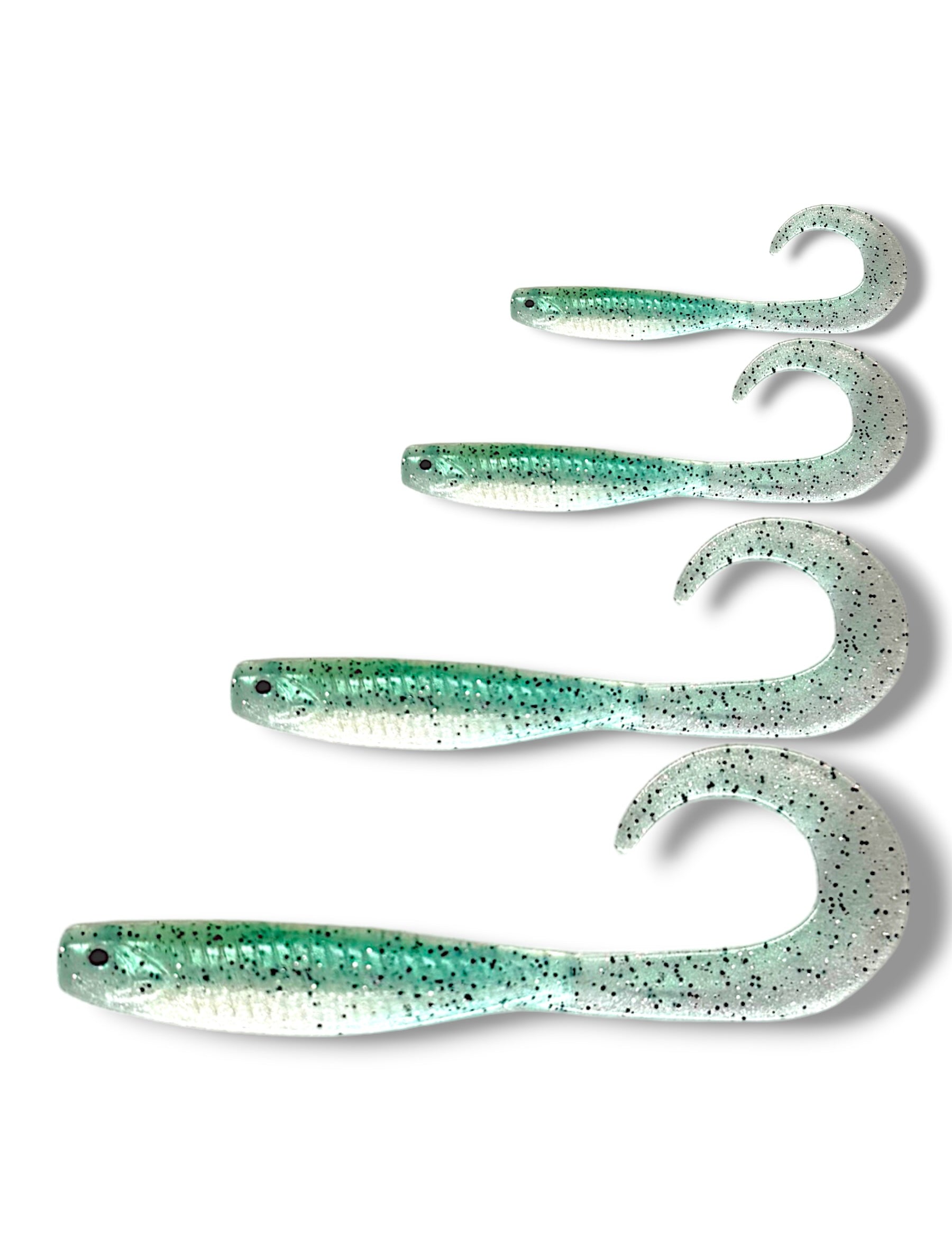 7.5 inch, 5.5 inch, 3.5 inch, 2.5 inch grub tail soft plastic lure for barra, jacks, jew fish, perch, flathead, bream, offshore fish
