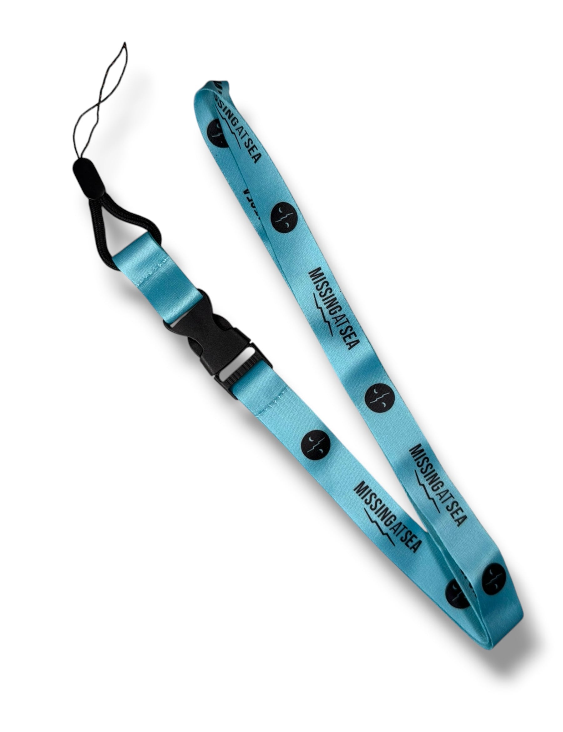 Blue lanyard with black 'missing at sea' branding