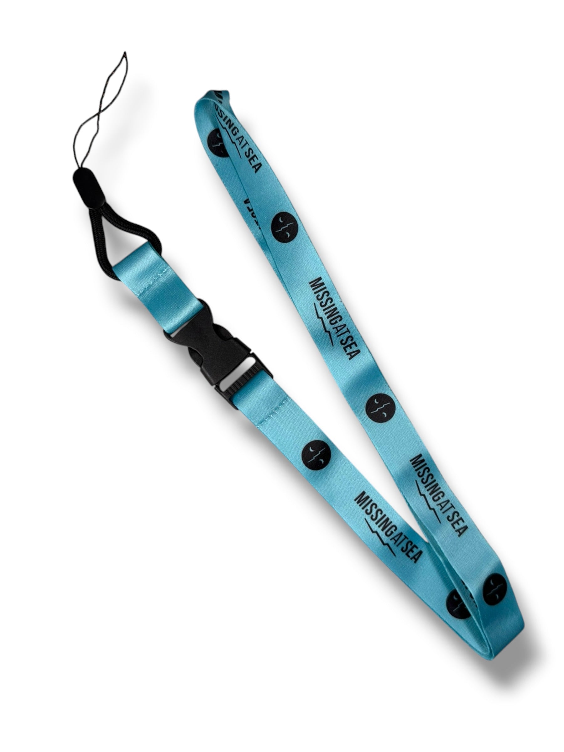 Blue lanyard with black 'missing at sea' branding