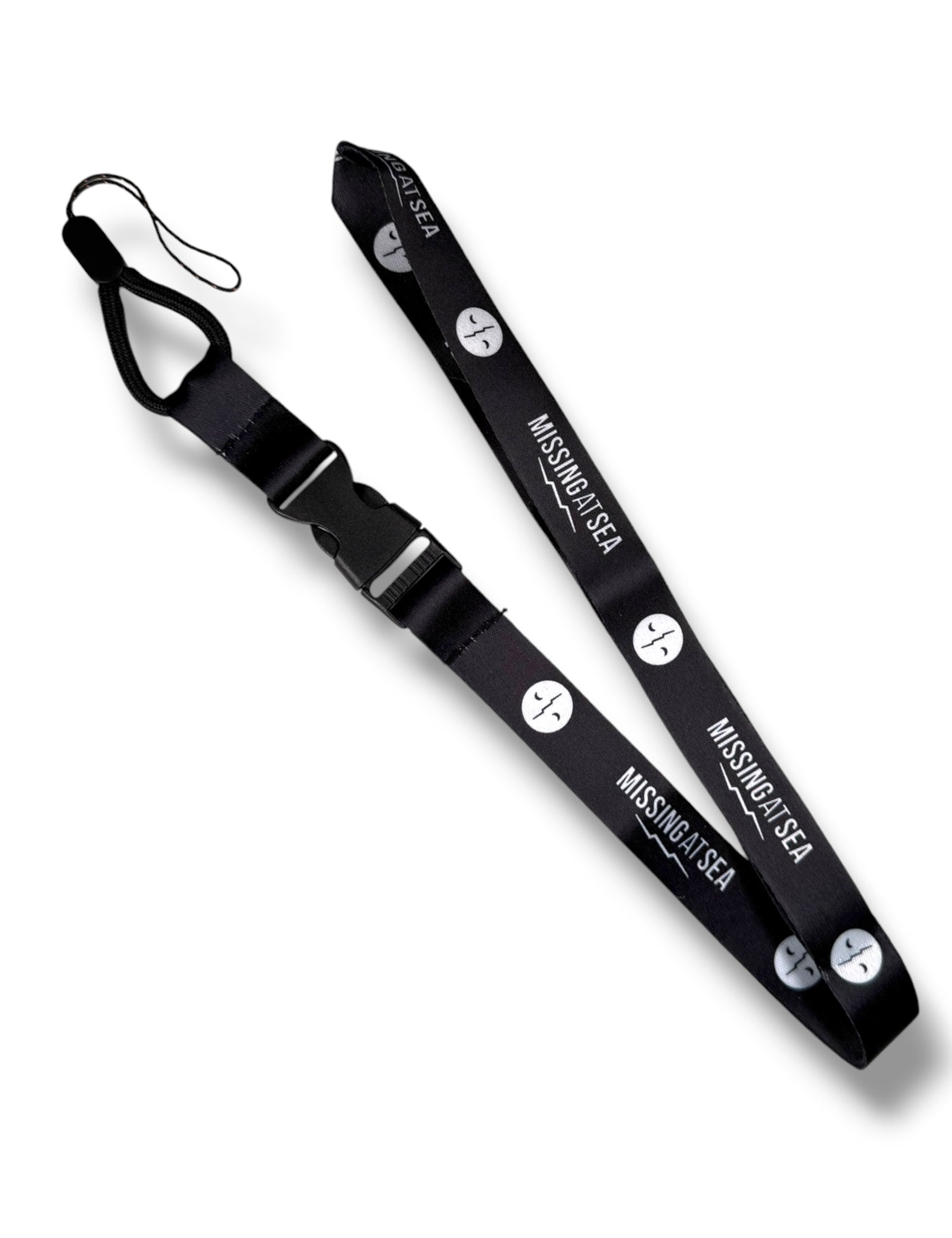 Black lanyard with white 'Missing in Sea' branding 