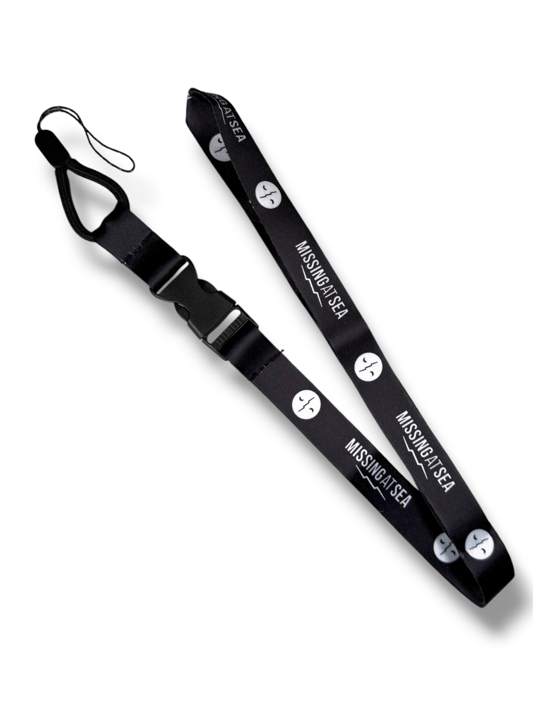 Black lanyard with white 'Missing in Sea' branding 