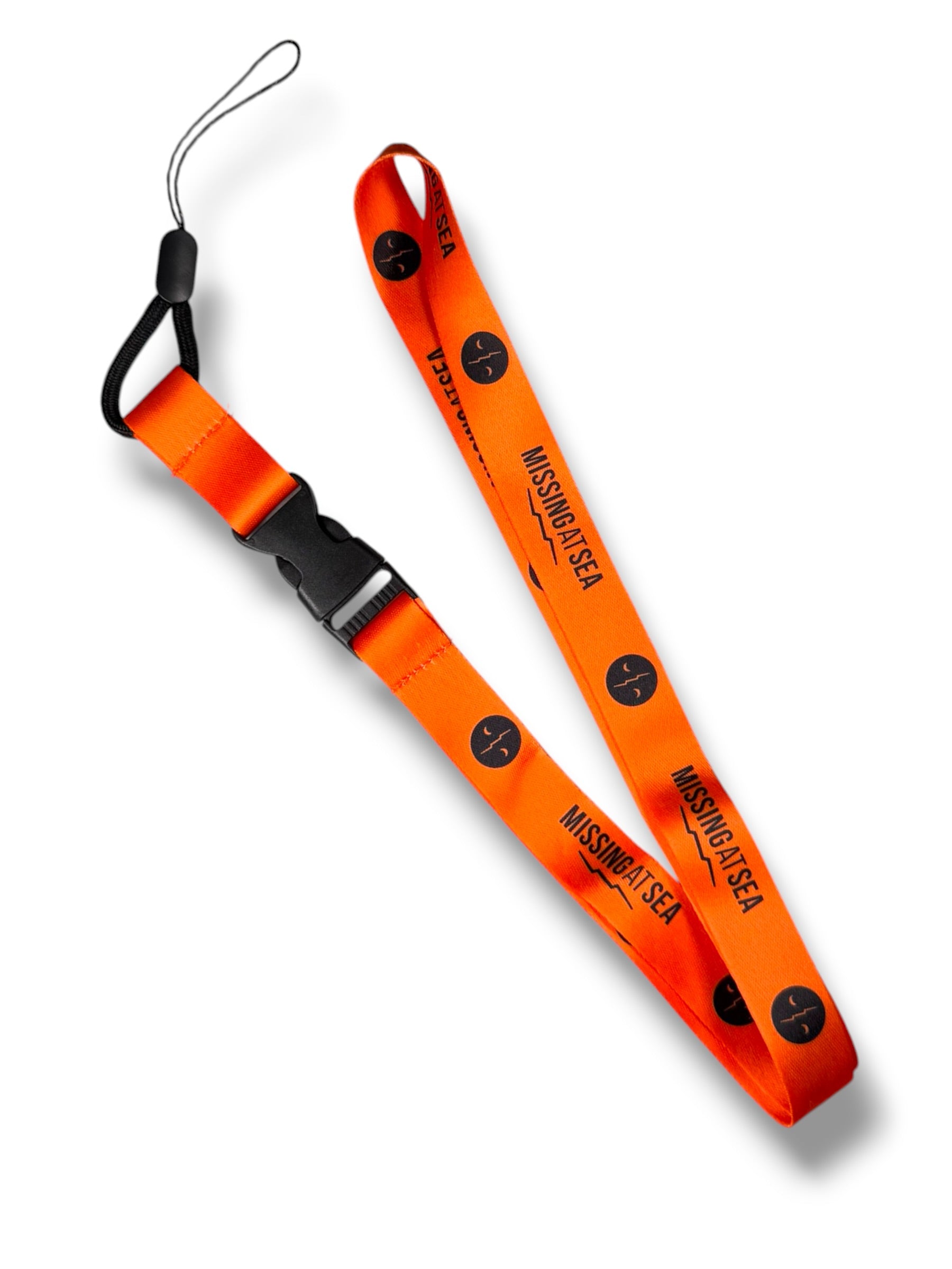 Orange lanyard with black 'missing at sea' branding