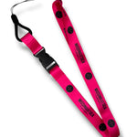 Pink lanyard with black branding 