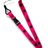Pink lanyard with black branding 
