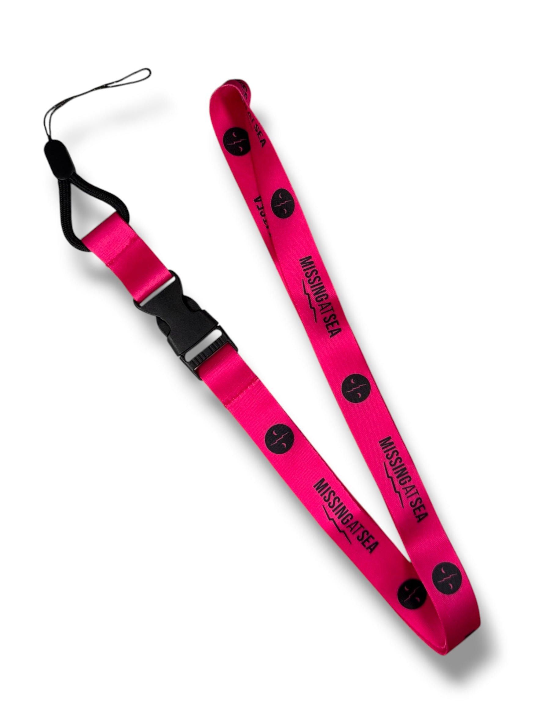 Pink lanyard with black branding 