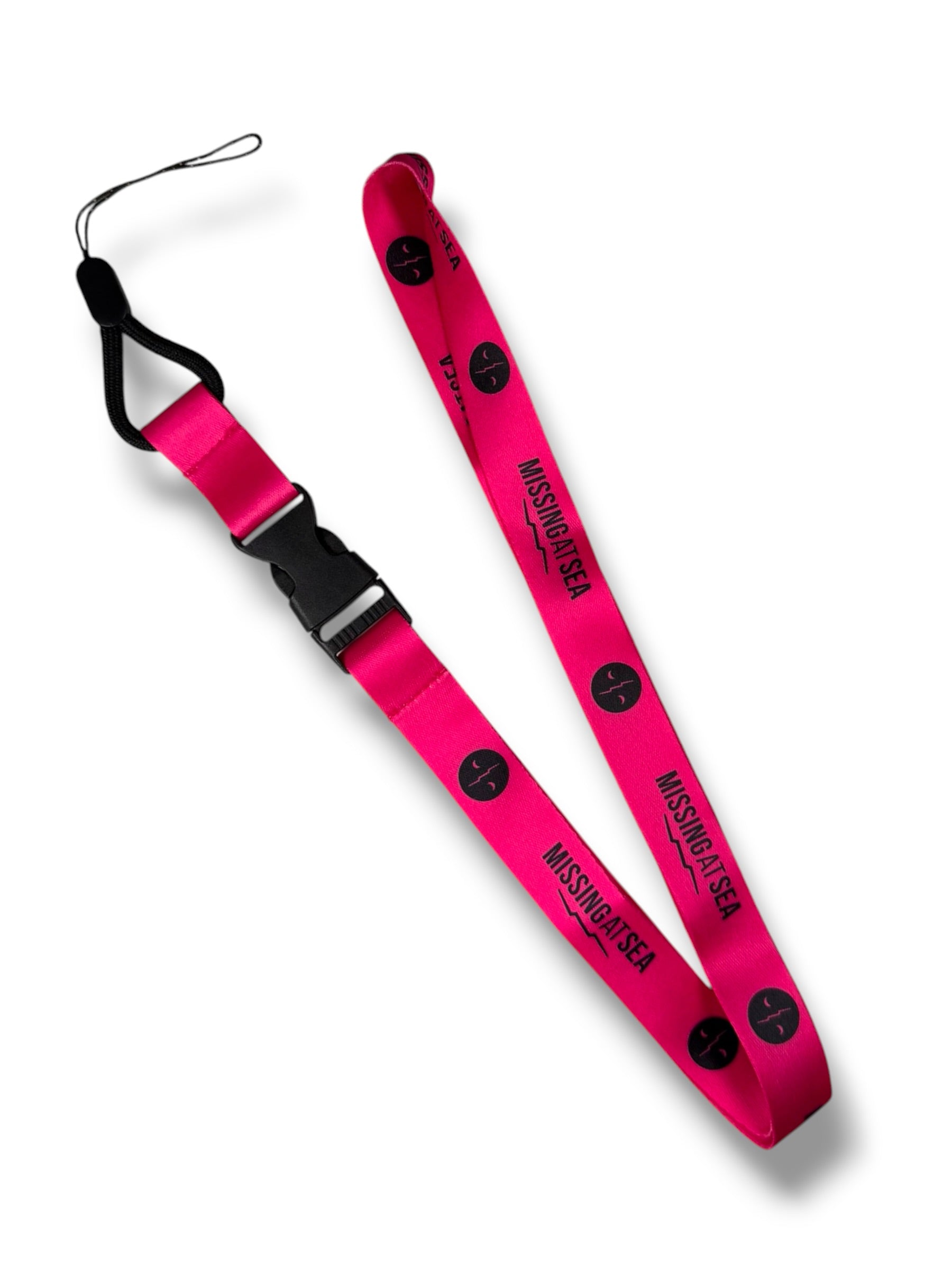 Pink lanyard with black branding 