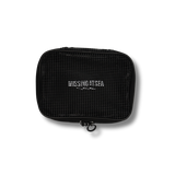 Black mesh pouch with 'MISSING AT SEA' branding on a white background