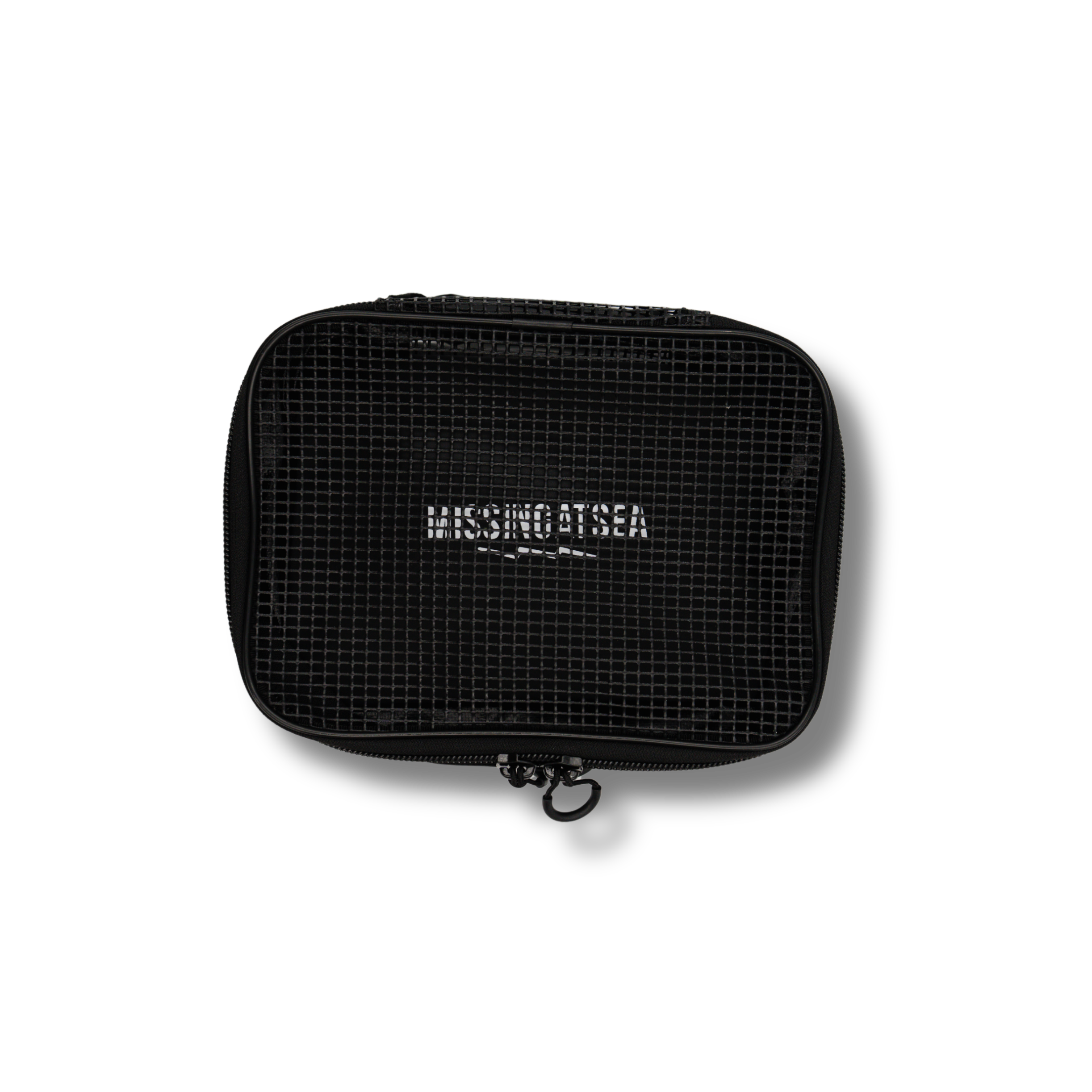 Black mesh pouch with 'MISSING AT SEA' branding on a white background